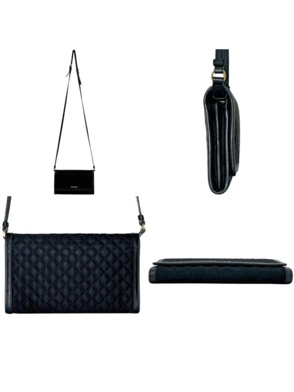 Prada Shoulder Wallet Bifold Black Nero Nylon Leather Quilted 12 One Point Logo